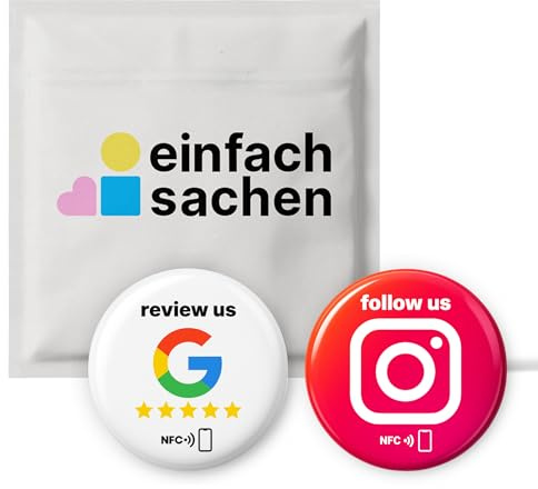 NFC Sticker Mix-Set englisch: 1x für Google Bewertungen („Review us“) + 1x für Instagram („Follow us“) – 3D-Effekt, glänzend, selbst programmierbar, wiederverwendbar, 3 cm, Verbindung mit einem Scan