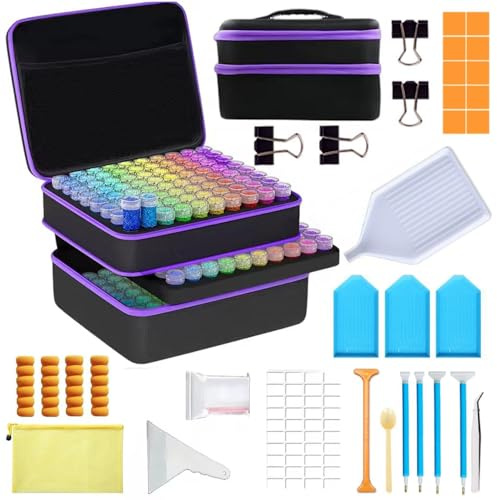 Caja Organizadora para Accesorios de Diamond Painting 240 Piezas Botes Transparentes，Desmontable Interior,Incluye Utensilios, Bolsa de Malla, Asa y Cierre,para guardar accesorios pintura diamantes