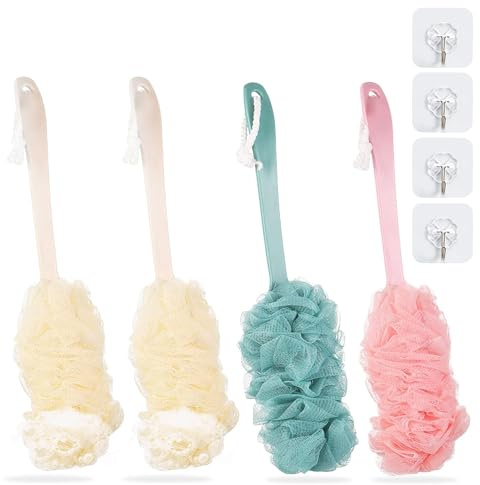 Duschschwamm mit Stiel, 4 Stück Mesh Badebürste, Duschbürste, Badeschwamm, Duschbürste mit Langem Stiel, mit 4 Haken, für Rücken, Badewäscher Peeling Massage Schwammbürsten
