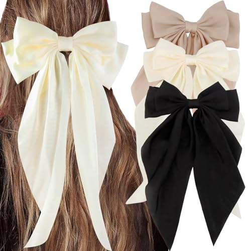 Muorruo 3 Stück Seidige Satin Haarspangen Bows, Grosse Schleifen Haarklammern Bow, Lange Schwanz Hair Bows für Damen Mädchen Teenager für Täglichen Gebrauch, Hochzeiten, Partys