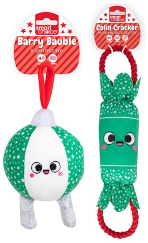 YöL Set of 2 Green - Squeaky Plush & Rope Christmas Bauble & Cracker Dog Toy – 25cm Festive Design – Soft Polyester with Internal Squeaker & Crinkle – Durable Rope Chew, Tug Of War & Fetch
