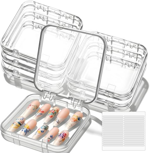 Xindojuz 6 Pcs Press On Nail Packaging Box, Acrylic Press on Nail Storage Cases for Pres Ons with 30 Pcs Adhesive Double Sided Tape for Fake Nails Display Storage Boxes Art Home Salon Supplies (Clear)