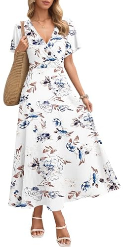 AUSELILY Maxi Dress for Women UK Short Sleeve Elegant Dress V Neck Sundress with Pockets