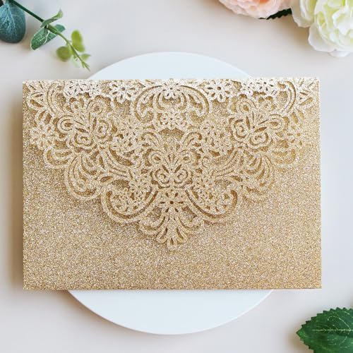 Hosmsua 20pz Oro Glitter Invito di Nozze, Triplo Piegamento Taglio Laser Flora Biglietto d'invito con Cartolina di Conferma e Buste per Matrimonio e Anniversario, Compleanno