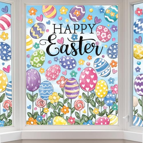 XIMISHOP 6 Sheets Large Easter Egg Window Clings，Cute Colorful Reusable Easter Egg Window Double-Sided Static Stickers Decals for Easter Party Spring Home Office School Glass Decorations