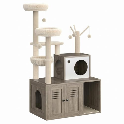 Cat Litter Cabinet with Climbing Tree, 1 Piece 12MM Particle Board + 400G Plush, 140 cm High, Multifunctional Pet Furniture, Indoor Pet Accessories, Hidden Litter Box Enclosure