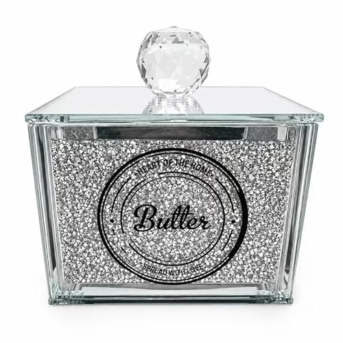 Silver Crushed Diamond Butter Dish with Lid 11 x 11 x 14 cm – Glass Butter Container & Covered Butter Keeper for Kitchen Worktop or Dining Table