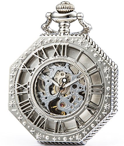 SEWOR Octagon Old School Stil Hohl römischen Ziffern mechanische Hand Wind Taschenuhr … (Silber)
