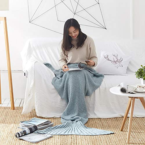 Naturer Gestrickte Meerjungfrau Decke Flossendecke Kuscheldecke Mermaid Blanket, Hellblau, 140x70cm