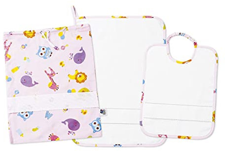 FILET - Ensemble Trois Pièces Jardin d'Enfants avec Toile Aida à Broder, Composé de un Sac, Serviette et Bavoir en Tissu Éponge Blanc, 100% Coton, Made in Italy, Fantaisie Lettres et Animaux Fond Rose