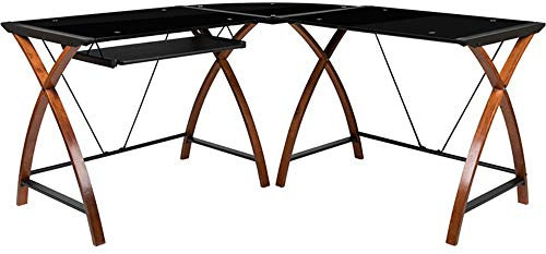 Flash Furniture Jude Eck-Computertisch mit ausziehbarer Tastaturablage aus Glas, L-Form, Schwarz