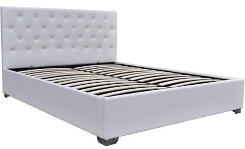 Habitat et Jardin - Lit Double Tino en Simili Blanc avec Coffre Rangements 160 x 200 cm | Cadre de Lit 2 Places Design | Sommier à Lattes et Tête de Lit Inclus