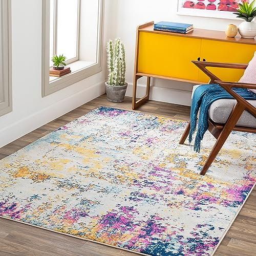 Livabliss Moroni Wohnzimmer Teppich Modern - Abstrakt Design in Marmor Optik 160x220 cm für Wohnzimmer, Esszimmer, Schlafzimmer - Weicher Kurzflor in Weiß, Safran, Rosa, Blau
