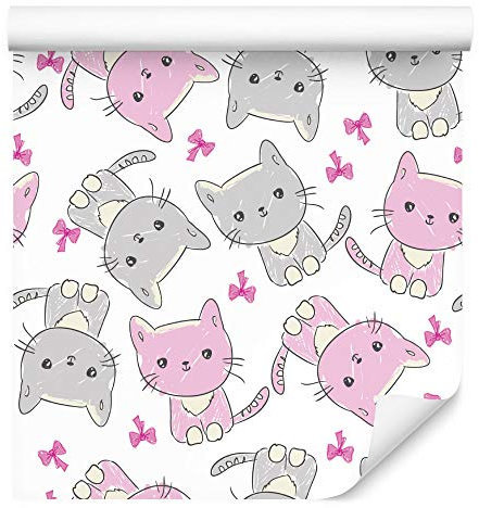 Muralo Tapete 10m Rolle Vlies Tapete Natur Haustiere Katzen Pastellfarben Schleifen Linien Vliestapete 1000 x 53cm Wand Tapete Wohnzimmer Kinderzimmer Moderne Wanddeko Wand Dekoration