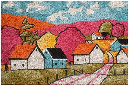 Baroni Home Paillasson Gain de Place Coco pour Entrée, Tapis d’Entrée en PVC, Tapis Antidérapant, Paillasson Peint à la Main Coloré et Résistant, 60x40x2 cm, Motif Village Coloré