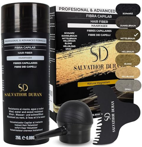 Fibras Capilares Castaño Medio 25g con Aplicador y Peine | Fibra Capilar Hombre y Mujer para Cubrir Calvas, Disimular Calvicie y Aumentar Volumen Cabello | Resistentes al Agua y con Efecto Natural