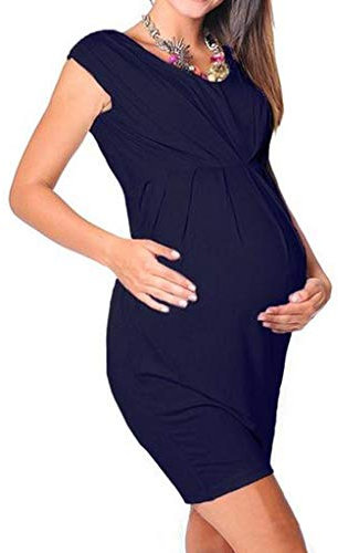 Chaconka Robe de Maternité Ete sans Manches Couleur Unie Elegante Femme Enceinte Vêtements de Maternité Manches Courtes Robe Moulante Sexy Robe Grossesse Taille Haute Plissé