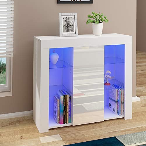 Cabinet Cupboard Sideboard TV Unit Matt Body and High Gloss Doors + LED Light Display Cabinet Storage Unit for Living Room Bedroom (White)