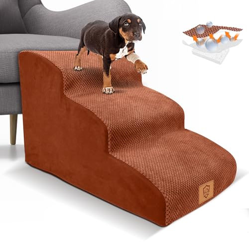 Myiosus Dog Steps for Bed, Foam Dog Stairs for Small or Large Dogs, Soft & Non-Slip Pet Ramp for Sofa with Removable Washable Cover, 3 Steps for Dogs and Cats, 57 x 40 x 40 cm