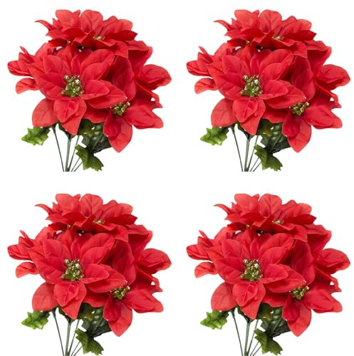 RNSUNH Künstlicher Weihnachtsstern, Blumenstrauß mit 7 Köpfen, künstlicher Weihnachtsstern, Sträuße, Seidenstoff, Weihnachtsstern, Sträucher, Pflanzen für Weihnachten, Heimdekoration, 4 Stück (Rot)