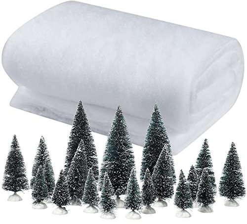 Threan 40 x 60 Pollici Rotolo di Coperta di Neve Natale e 19 Mini Alberi di Sisal Spazzola per Bottiglie Copertura di Neve Spessa Bianca con Alberi di Natale in Miniatura per Villaggio Display