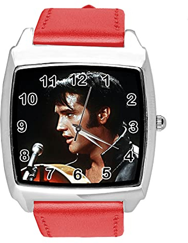 TAPORT Quadratische Armbanduhr aus rotem Leder für Rock and Roll Fans E3, rot, Armband