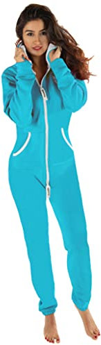 Gennadi Hoppe Damen Jumpsuit Hausanzug Overall Frauen Onesie Ganzkörperanzug Einteiler Baumwolle bequem kuschelig lässig sportlich trendy stylisch weich warm locker türkis S H6139