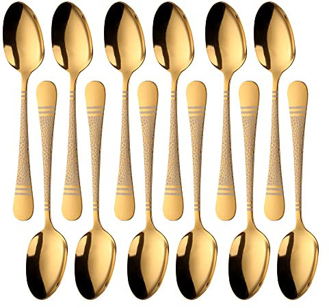 BUYER STAR Gold Dinner Spoons Set of 12, Hammered Stainless Steel Table Spoon Cutlery Set, Dessert Spoons with Laser Snake Pattern for Home Restaurant, Dishwasher Safe - 7.5 Inch