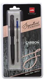 Cello Kugelschreiber | Premium Stift | 2 Stück | Carbon + Nachfüllpackung | Metall | Schwarz | Fein | HB | Beidhändig | Wasserbasierte Tinte | Kalligraphie | Geschenk für Erwachsene