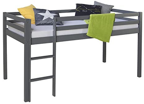 Homestyle4u Kinderbett 90x200 Grau Hochbett mit Treppe Matratze Lattenrost für Kinder Bettgestell Holz Massiv Kiefer Kinderzimmer