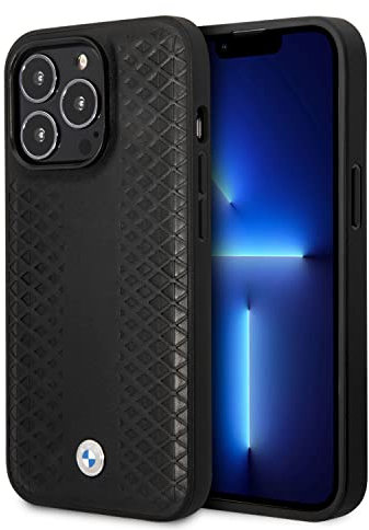BMW Handyhülle für iPhone 14 Pro Signature Collection in Schwarz Diamant Muster Echtleder Schutzhülle & Durable Case mit Easy Snap-on, Stoßdämpfung & Signature Logo