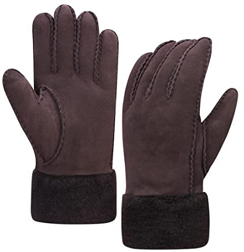Harssidanzar Herren Leder handschuhe,Winter Kaltwetter Schaffell Shearling beheizte warme pelzige Stulpen handschuhe KM041EU,Braun,Größe S