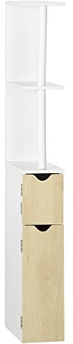 kleankin Meuble de salle de bain haut avec 2 portes et 2 étagères ouvertes Colonne auxiliaire de salle de bain pour salon Salle de bain Toilettes Chambre Style moderne 15,2x29,8x118 cm Blanc & Naturel