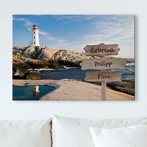 eventlicht Personalisierte Leinwand mit Namen | Motiv: Leuchtturm | Personalisiertes Wandbild für Familien mit 3 Namen | Valentinstag Geburtstag Jahrestag Hochzeit Muttertag | Format: 35 x 50 cm