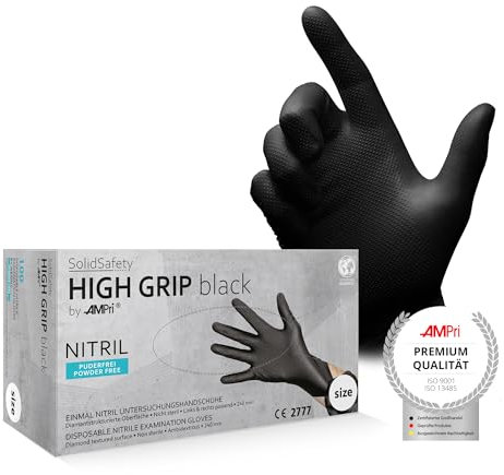 AMPri High Grip Einmalhandschuh aus Nitril, 100 Stück/Box, Größe S, schwarz, SolidSafety: extra griffiger und chemikalienbeständiger Arbeitsschutzhandschuh in den Größen S, M, L, XL, XXL