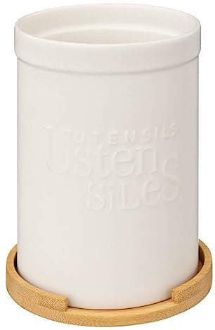 5five - pot à ustensiles couvercle bambou naturéo en céramique blanc