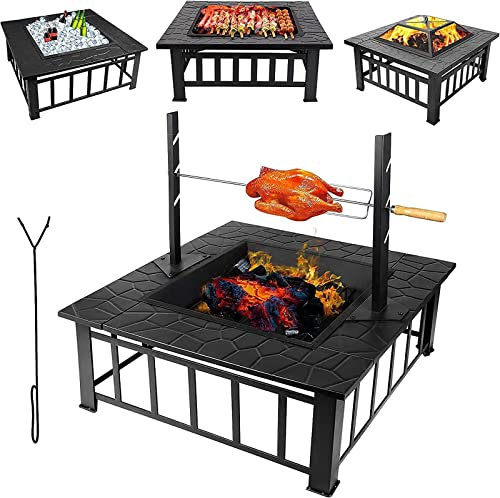 Foyers d'extérieur avec rôtissoire Verticale, Bols à feu carrés avec Grill, Table de Foyer/Chauffage 3 en 1 pour Barbecue de fête, feu de Joie de Camping, terrasse, avec Housse en Maille