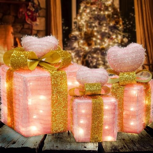 Tngan Scatole regalo illuminate rosa, decorazioni per San Valentino, per interni ed esterni, decorazione per camera da letto, 60 LED rosa, regalo a batteria, per San Valentino, matrimonio, set da 3