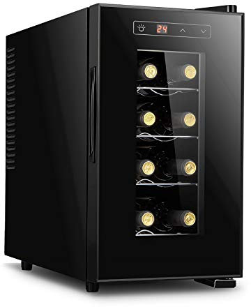 SKORDO Electronic Wine Cooler, Freestanding Red & White Wine Fridge, 8 Bottle Small Home Bar Wine Cellar, Digital Control, Glass Door, Counter Top Mini Refrigerator,Horizontal