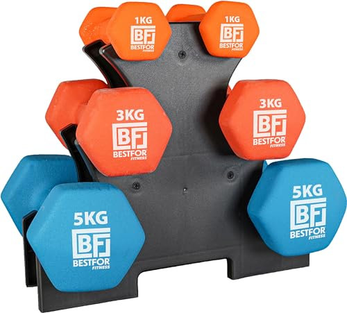 Bestfor Neoprene Dumbbell Set - 18kgs (2 x 1kg, 2 x 3kg, 2 x 5kg) With Stand For Fitness, Workouts, Strength Training For Men and Women At Home and Gym With Exercise Chart