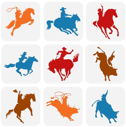 FINGERINSPIRE 9 Stück Cowboy Malschablone 15x15 cm Wiederverwendbare Pferde Zeichnungsschablone DIY Kunst Rodeo Show Muster Dekorationsschablone Zum Malen Auf Holz Wand Stoff Papier Möbeln