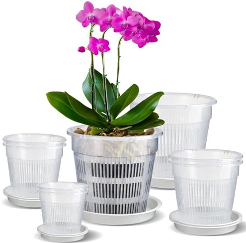 IWTTWY Clear Orchid Pot, 8 PCS Plastic Plant Pots with Drainage Hole and Tray, House Plant Pots Nursery Pots for Orchid Repotting Kit, Seed Seedling Pots for Root Growing (11cm/14cm/16cm/19cm)