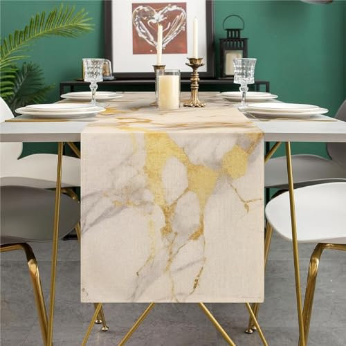 Tischläufer Leinen Tischläufer Frühling Abstrakte Kunst Beige Marmor Goldstruktur Tischdecke für Bauernhaus Esstisch Party Hochzeit Küche Wohnzimmer Sommer 33 x 183 cm