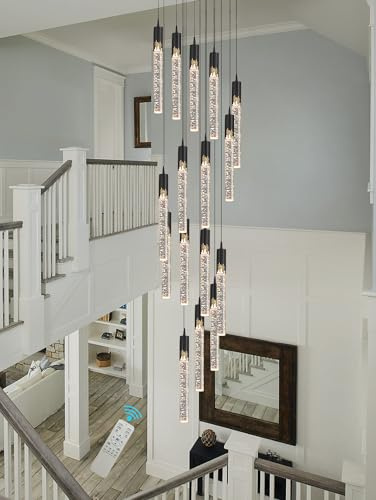 11 Fuß lange Treppe, schwarzer Kronleuchter, moderner 16-flammiger transparenter Kristall mit Blasen-Pendelleuchte, hoher Decken-Kronleuchter, dimmbar, 2700 K-6000 K, Villa-Eingangsfoyer-Beleuchtung
