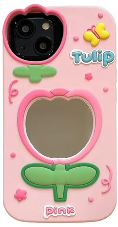 QoKcoahn Case for iPhone 14,Cute 3D Kawaii Phone Cases Funny Flower Mirror Cartoon Cover with Keychain Soft Silicone Gel Drop Protection Case Women Girls for iPhone 14