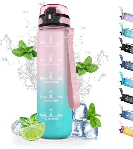 Gourde, Gourde Sport anti Fuite, Gourde Filtrante qui Peut être Transporté avec Vous, Gourde Graduée 1l avec Marqueur de Temps, Botella Agua pour Running, Vélo, Musculation, Randonnée, Extérieur, Yoga