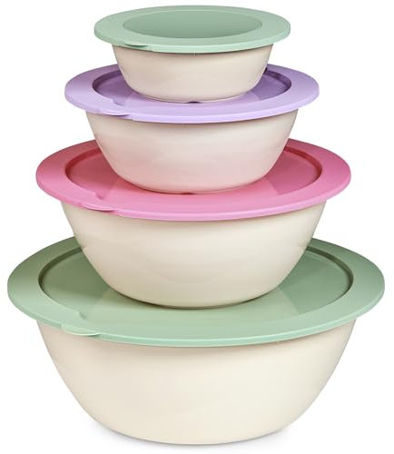 PROFUN Lot de 4 grands saladiers avec couvercle - Bol mélangeur en plastique - Boîtes de conservation empilables