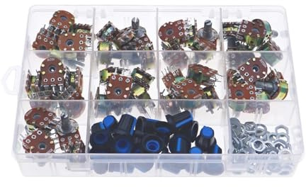 NWPNLXEA 45pcs Wh148 Dual Gang Stereo 6pin Potentiometer kit 1k 5k 10k 20k 50k 100k 250k 500k 1M with knobs Single Shaft Nuts+Box