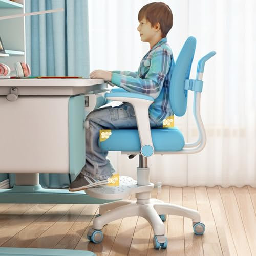 Sedia da ufficio ergonomica girevole per bambini e ragazzi, con regolazione in altezza, poggiapiedi e ruote bloccabili, blu