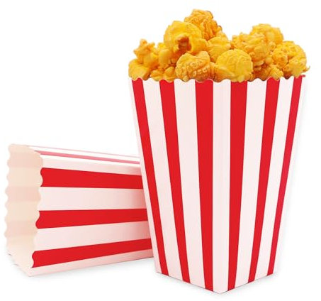 Logei Bolsas de palomitas de maíz, 50 unidades, cajas de palomitas de maíz, bolsas de palomitas de maíz, contenedores de papel para fiestas, noches de cine y cumpleaños (rayas rojas y blancas)